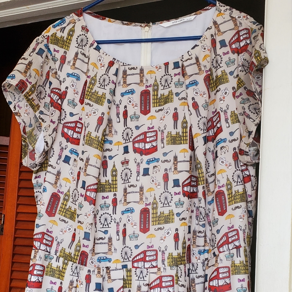 eshakti White Midi Dress with Red & Yellow London Print